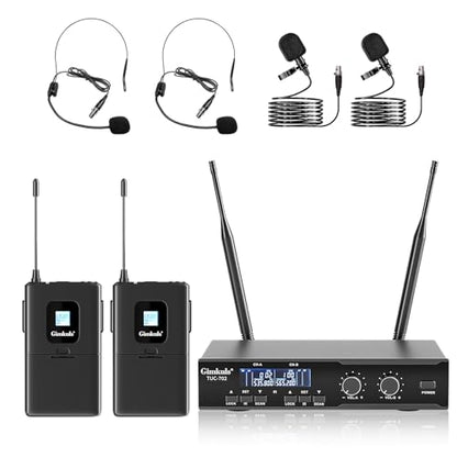 Gimkuls Dual-Channel UHF Wireless Lavalier Microphone System for Church | Complete 4-in-1 Kit: 2 Bodypacks, 2 Headset Mics, 2 Lapel Mics, 200 Frequencies, XLR/6.35 mm for Teaching and Presentations