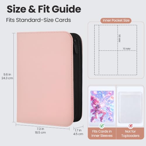 4 Pocket Trading Card Binder, Ringless Card Binder with Zipper for TCG and Sport Cards Collections, Holds 160 Cards with Side-Loading Pages, Pink - color: 1.Pink - 4 Pocket - 160 Slots