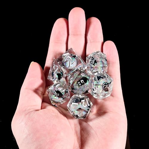 Polyhedral Dice Set D&D Sharp Edge Dice Resin Iridecent Mylar Galaxy for RPG Role Playing Compatible with DND Gift (White Quicksand + Black Cat) - color: White Quicksand Black Cat