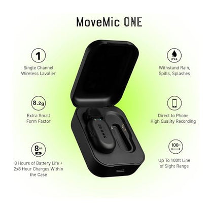 Shure MoveMic One - Pro Direct to Phone Wireless Lavalier Microphone for iPhone & Android, Bluetooth Mini Mic, 24 Hours Charge, Quick Set Up, IPX4, Compact & Portable Clip Lav (MV-ONE-Z7) - style: Single Channel