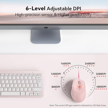 TECKNET 2.4G Wireless Mouse, 4800 DPI Ergonomic Computer Mouse, USB, Pink | Mouse for Laptop with USB Receiver, 6 Adjustable DPI, Quiet Click, 30-Month Battery, 6 Button, Portable for PC Chromebook Mac - color: Pink