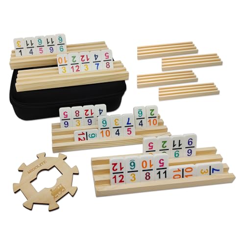 Mexican Train Dominoes Set with Numbers and 8 Wooden Racks, Double 12 Domino Travel Set with Wooden Hub, 91 Colored Domino Tiles Game Set with for Family Game Night - style: 8 Racks