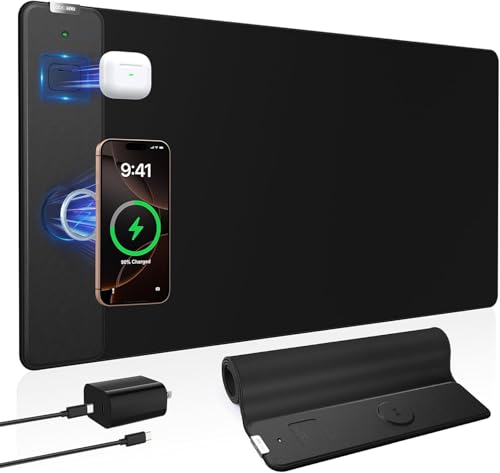 Magnetic Wireless Charging Mouse Pad, 31.5"x15.8", with 20W Adapter, Black | Large Gaming Desk Mat for Keyboard/Laptop, Non-Slip Base, Waterproof Ultra-Smooth Surface Mousepad for Gamer, Office & Home - color: Black-31.5"x15.8"(with Wall Charger)