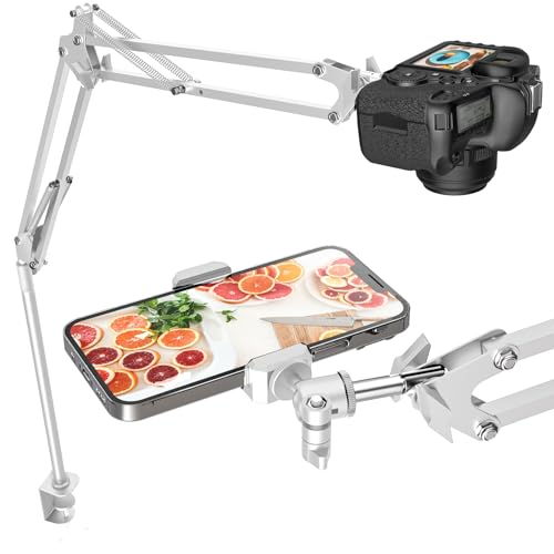 CACENCAN Overhead Camera Mount, 5lb Horizontal Load-Bearing, 360° Adjustable Stand for Desk, Flexible Arm Desk Mount, with Phone Clamp, Tabletop Mount for DSLR Camera/Webcam/Microphone（White - color: White