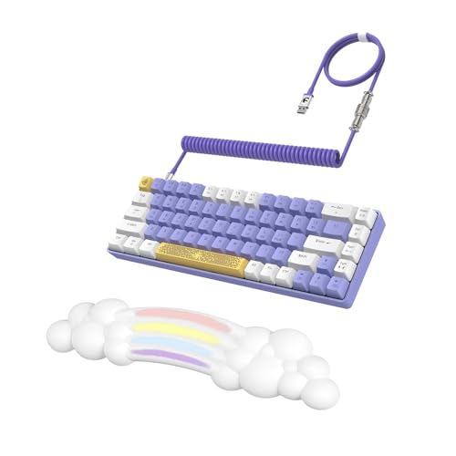 ZIYOU LANG 65% Wired RGB TKL Portable Mechanical Gaming Keyboard Purple Blue Switch with Coiled Cable and White Rainbow Cloud Wrist Rest for PC Mac Gamer