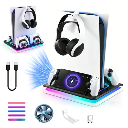 Gaminja For Ps5 Cooling Stand Playstation 5 Accessories Ps5 Cooling Station with Charger Ps Portal Charging Dock Rgb Cooling Station for Ps5/Slim/Pro Disc & Digital Dual Controller Charging (White) - color: White