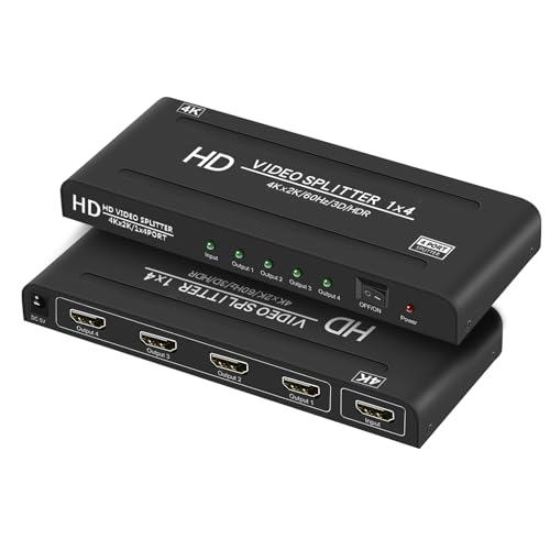 4K@60Hz 1x4 HDMI Splitter 4:4:4,18 Gbps,4 Port Powered HDMI 2.0 Splitter1 in 4 Out Support Auto Down Scaler, 4K 1080P Sync, HDR10,3D, Only Duplication/Mirror Screens (Not Extend) for HDTV/PS5 - size: 4K@60Hz 1x4 splitter