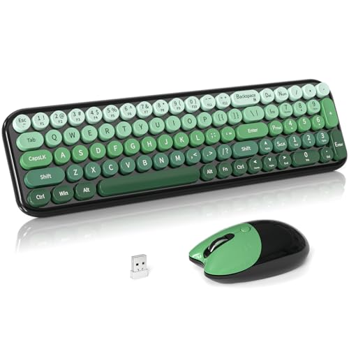 Wireless Keyboard and Mouse Combo, Meidosa 2.4GHz Colorful Full-Size Retro Typewriter Keyboard with Cat Shape 3 Level Adjustable Optical Mouse for PC/Desktop/Laptop/Windows (Black Green) - color: Compact Black Green Colorful