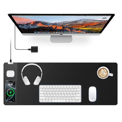Magnetic Wireless Charging Mouse Pad, 27.5"x11.8", with 20W Adapter, Black | Gaming Desk Mat with Superior Stitched Edges, Non-Slip Base, Waterproof Smooth Desk Writing Pad for Gamer, Office & Home - color: Black-27.5"x11.8"(with Wall Charger)