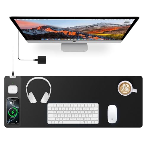 Magnetic Wireless Charging Mouse Pad, 27.5"x11.8", with 20W Adapter, Black | Gaming Desk Mat with Superior Stitched Edges, Non-Slip Base, Waterproof Smooth Desk Writing Pad for Gamer, Office & Home - color: Black-27.5"x11.8"(with Wall Charger)