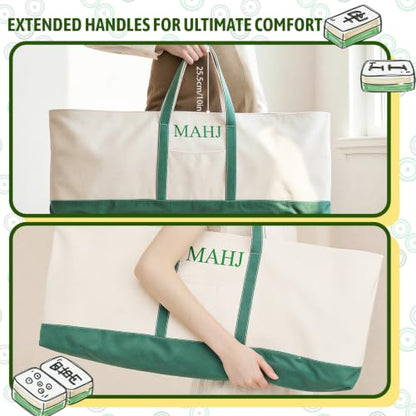 Extra Large 33.8 INCH Mahjong Bag for Tiles and Racks & Mat, Empty American Mahjong Tiles Carrying Canvas Tote Bag 33.8 x 4.7 x 11.8 Inches, Games Accessories Gifts (Bag Only) (Green)