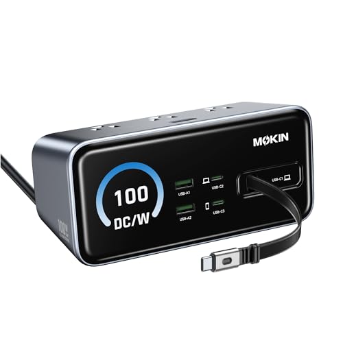MOKiN 100W Max Charging Station with Retractable Cord, 8-in-1 Power Strip | 3 AC, 3 USB C, 3 USB A Charging Station for Multiple Devices, Desk Accessories GaN Charger for iPhone, iPad, MacBook, Galaxy