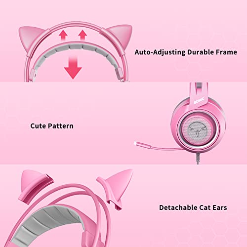 SOMIC G951s Pink Stereo Gaming Headset with Mic for PS4,Xbox,PC,Mobile Phone,3.5mm Noise Reduction Cat Ear Headphones Lightweight Over Ear Headphones for Woman - color: Pink