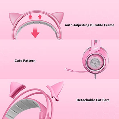 SOMIC G951s Pink Stereo Gaming Headset with Mic for PS4,Xbox,PC,Mobile Phone,3.5mm Noise Reduction Cat Ear Headphones Lightweight Over Ear Headphones for Woman - color: Pink