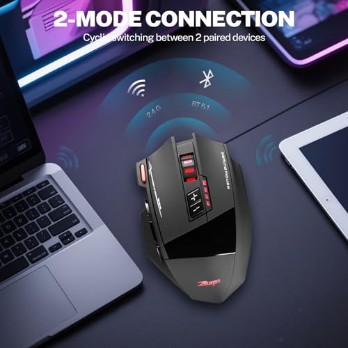 Wireless Gaming Mouse, RGB Dual Mode Bluetooth Mouse Up 24,000 DPI, 13 Macro Programmable Buttons, Optical Computer Mouse 50Hrs for PC Laptop MOBA FPS, PMW-3311, Comfort Grip (Black)