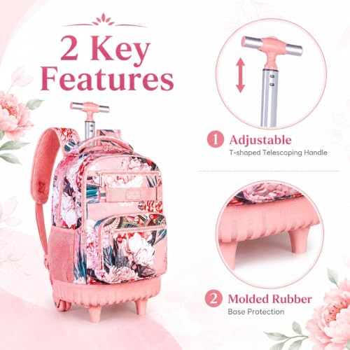 3Pcs Rolling Backpack for Girls Women, Travel Roller Backpacks with Wheels for Adults, Teens College Folwer Wheeled Bookbag with Lunch Box(Pink) - color: Flower Pink