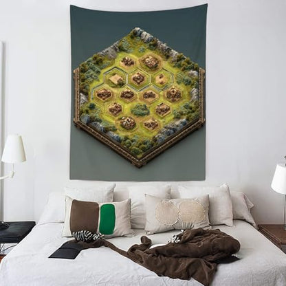 Batmerry Hex Grid Battlefield Miniature Terrain Tapestry, Isometric Game Map With Villages Wall Art Hanging Polyester Fiber White Ruffled Around for Dorm Room Bedroom Living Room, 59.1x51.2 inches