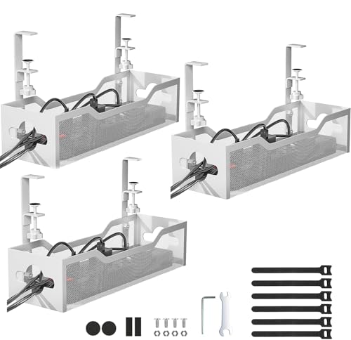 Under Desk Cable Management Tray 3 Pack, Cable Management Under Desk No Drill, Cable Organizer with Clamp for Wire Management, Cord Organizer for Office, Home - No Damage to Table (White) - color: White, size: 13.38"-3pack