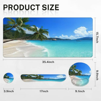 Arttown Keyboard Mouse Pad Set, 4 in 1 Desk Mat Set Tropical Beach Ocean | Summer Sunshine Large Mousepad+Keyboard Wrist Rest+Mouse Wrist Rest+Coaster Ergonomic Design for Home Office Computer - color: Tropical Beach