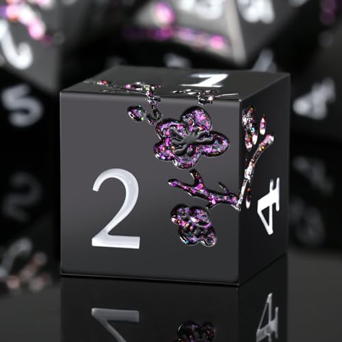 Glitter Purple Metal D&D Dice, DNDND 7 PCS Flower Metallic DND Dice Set with Gorgeous Gift Case for Dungeons and Dragon Tabletop Game (Matte Black with Glitter Purple Flower) - color: Flower Glitter Purple