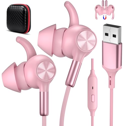 USB Earbuds with Microphone for PC Laptop,USB A Headphones,Pink | Wired with Mic& Earfins Hook for Computer Office Work,7.5ft,Noise Canceling Stereo Headset for Dell/HP/Chromebook Game School - color: Pink