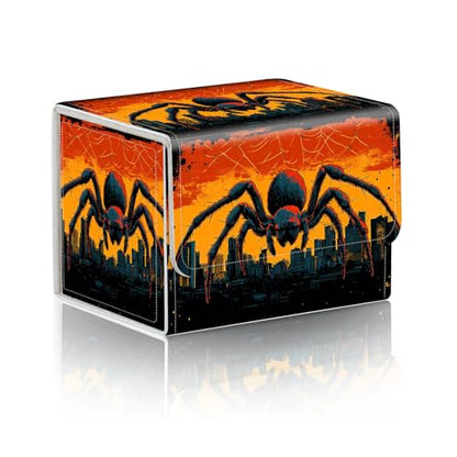 Trading Card Storage Box, Holds 100+ for MTG Cards, PU Leather with Magnetic Closure, Giant Spider over City Sunset Durable Deck Box for Magic the Gathering, Trading Card Games - color: Giant Spider over City Sunset