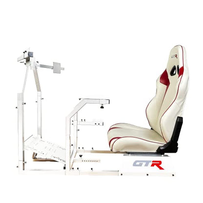 GTR Simulator GTA-F Model White Frame Triple Monitor Stand with White Adjustable Seat - color: White, White Red