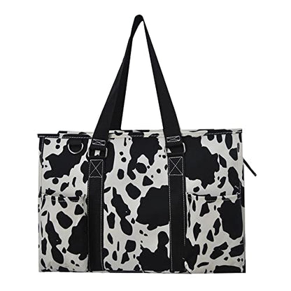 NGIL Utility Water Resistant Tote Bag | Work Tote for Women, Nurse Bag, Teacher's Choice Purse, Gym Bag, Everyday Organizer Top Zipper Closure - color: Cow Splatter-black