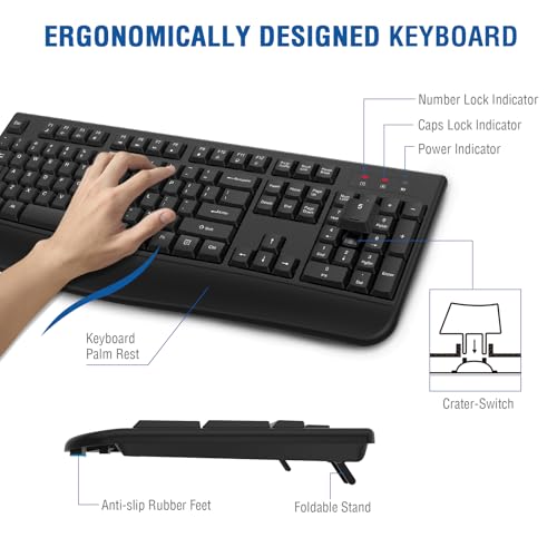 Wireless Keyboard and Mouse Combo, EDJO 2.4G Full-Sized Ergonomic Computer Keyboard with Wrist Rest and 3 Level DPI Adjustable Wireless Mouse for Windows, Mac OS Desktop/Laptop/PC - color: Black