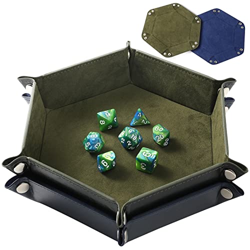 Grajar 2 Pcs Portable Folding Dice Rolling Tray Set for RPG DND Table Games - PU Leather and Velvet Holder Storage Box - RoyalBlue and Green - color: Royalblue and Green