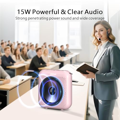 Voice Amplifier with Bluetooth, Portable Speaker with Microphone | Wireless Microphone Headset Speaker for Teacher, Mini Megaphone Sound Amplifier for Classroom, Tour Guides, Speaking - color: Pink - 15W