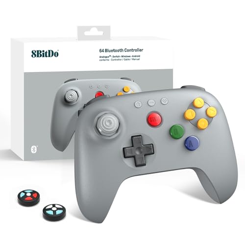 8Bitdo 64 Bluetooth Controller for Analogue 3D, Switch, Switch 2, Windows, Android – Hall Effect Joystick, Vibration, Turbo Function – Gray - color: Gray