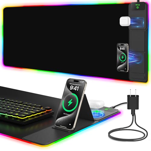 Mouse Pad with Foldable Phone Holder & Wireless Charger, XXL RGB Gaming Mousepad 31.5"x15.8" Large Desk Mat for Keyboard, Black Desk Pad with Dual Qi Charging Station | 11 Colors 5 Modes | Waterproof - color: 31.5x15.75"Phone Stand-Black Right w/PD Upgrad
