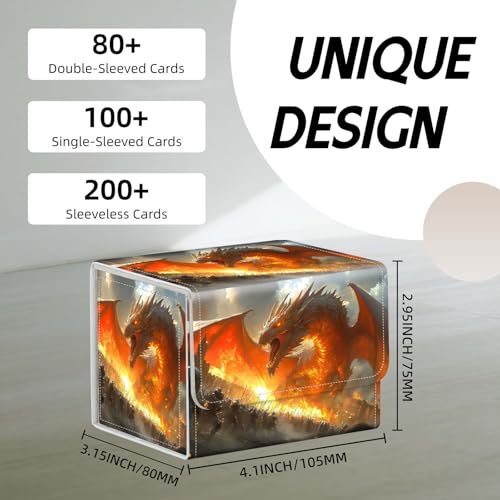 Trading Card Storage Box, Holds 100+ for MTG Cards, PU Leather with Magnetic Closure, Fire Dragon Attacking Castle Army Durable Deck Box for Magic the Gathering, Trading Card Games - color: Fire Dragon Attacking Castle Army