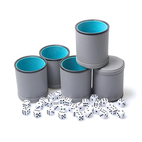 5 Pack PU Leather Dice Cups Velvet Felt-Lined Shaker Cups with 30 Dot Dice for Bar Party Yahtzee Farkle Dice Games, Grey - color: Grey