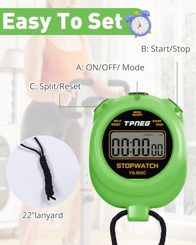TPNEG Simple Stopwatch Timer - Easy to Use, Set Up, Read, and Carry - Large Display - On/Off, AAA Battery - Ideal for Coaches, Track and Field, Soccer Referees, Sports, Classroom - color: Green