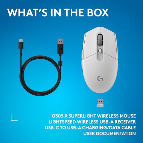Logitech G305 X Superlight Wireless Gaming Mouse - White | Lightweight 59g, HERO 44K Sensor, RGB lighting, Lightspeed, Bluetooth, 130+ Hr battery life, 6 programmable buttons, PC/Mac - color: White, style: Superlight