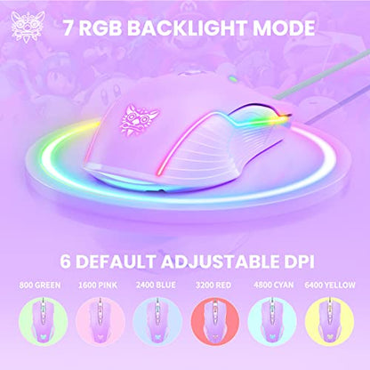 Cute RGB 6400 DPI Wired Gaming Mouse Breathing LED Optical USB 7 Buttons Gamer Computer Pink Mice for Laptop PC Desktop (Purple) - color: Purple