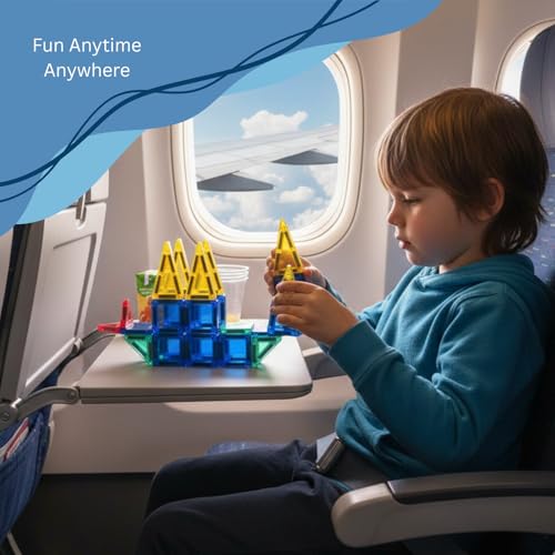 Mini Magnetic Tiles Travel Set – Airplane, Travel Activities for Toddlers & Kids Ages 4-8 - Car, Road Trip, Plane Toys & Essentials, STEM Building Blocks with Tin Case - 28 Pieces