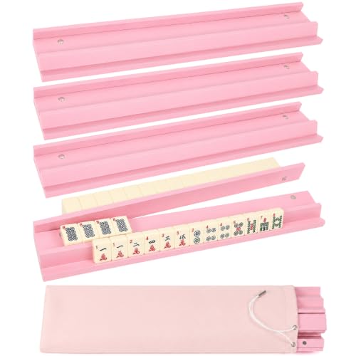 5Pcs Mahjong Racks with Pushers Wooden American Mahjong Tile Pushers and Racks Set with Mah Jong Rack Drawstring Bag Mah Jong Accessories for Players Gifts Home Game Night Party Supplies (Pink) - color: Pink