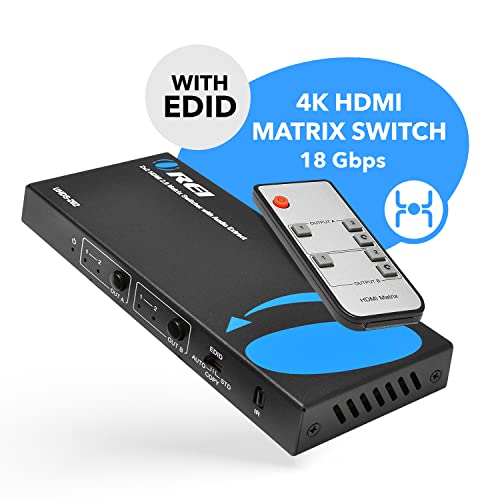 OREI 2x2 HDMI Matrix Switch 4K@60Hz with Audio Extraction, IR Remote, EDID | HDMI Matrix 2x2, HDMI Matrix Switch – 18Gbps, HDR, Dolby TrueHD, DTS-HD, optical & analog PCM 2.0 audio - size: 2x2 Matrix