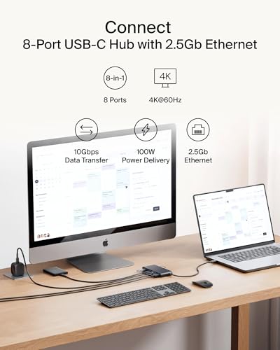 Belkin Connect 8-Port USB C Hub, Supports Display w/Resolutions up to 4K@60Hz - Works with Neo MacBook, Windows, Chromebook, & More - 100W PD w/ 10Gbps Data Transfer Speeds & 2.5Gbps Ethernet - Black - style: 8-in-1 USB-C Hub