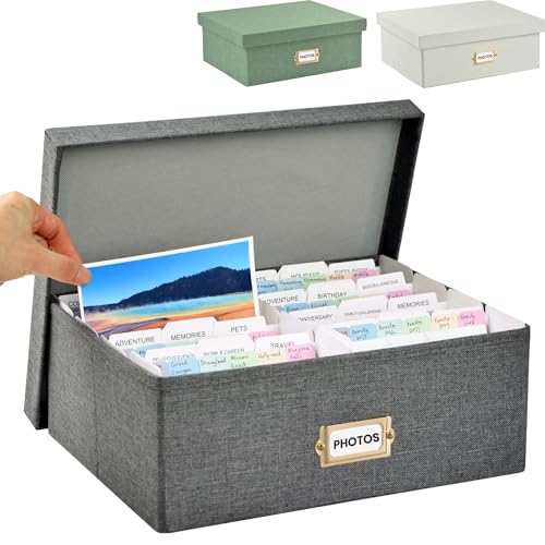 Linen Photo Storage & Keepsakes Box with Dividers for Cards & Photos | Holds 1700 4x6 Pictures Memory Keepsake Organizer Photos Cards Stamps Scrapbook Supplies Multi-Purpose Home Storage - color: Dark gray
