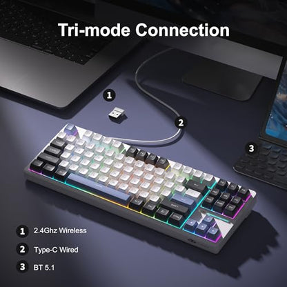 MageGee 87 Keys Wireless Creamy Keyboard, Gasket Tri-Mode 2.4G/USB-C/BT Gaming Keyboard, RGB Backlit Hot Swappable Mechanical Keyboard for Win/Mac/PC, 8000mAh Battery - color: Blue