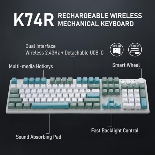 iRocks K74R Wireless RGB Illuminated Mechanical Gaming Keyboard, Hot-Swappable Switches, Easy-Clean Floating Design, PBT 107 Keys NKRO, Detachable USB-C Cable - Island Blue (Brown Switches) - color: Island Blue, size: Brown Switches