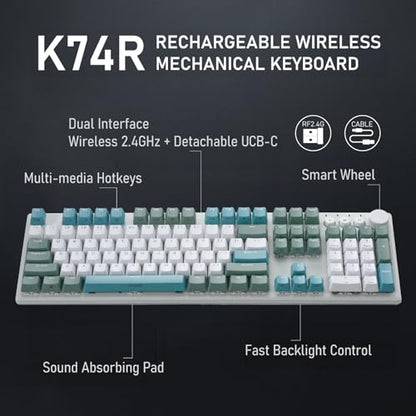 iRocks K74R Wireless RGB Illuminated Mechanical Gaming Keyboard, Hot-Swappable Switches, Easy-Clean Floating Design, PBT 107 Keys NKRO, Detachable USB-C Cable - Island Blue (Red Switches) - color: Island Blue, size: Red Switches