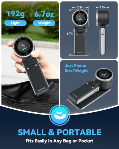 PlayHot Portable Handheld Turbo Fan, Travel Essentials, Gifts for Women/Men | 5-Speed, Up to 12H, 10m/s Airflow, USB-C Rechargeable, LED Display, 3-in-1 Foldable Personal Fan for Cruise, Beach, Vacation - color: Black