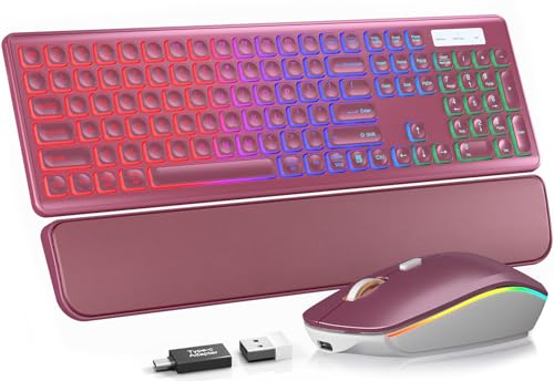 Wireless Keyboard and Mouse Combo, RGB Backlit, Rechargeable & Light Up Letters, Full-Size, Soft Typing, Sleep Mode, 2.4GHz Quiet Keyboard Set for Mac, Windows, Laptop, PC, Trueque KM42Pro - color: Berry Red