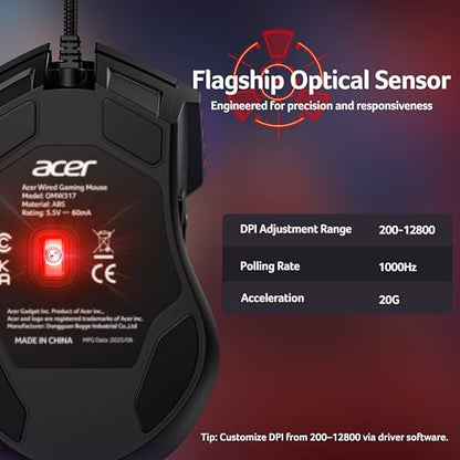 Acer Wired Gaming Mouse, 12,800 DPI RGB Ergonomic Computer Mouse for PC | Optical Sensor, 12 Backlit Modes, 8 Programmable Buttons, Software for DIY Keybinds, Rapid Fire, USB Mouse for Laptop