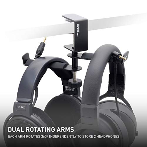ADV. Dual Suspension Headphone Stand – Floating Headset Stand with 360° Rotating Arm, Adjustable Clamp for Desk/Table, Steel Metal Holder, 3.5mm Jack Mount, Universal Fit, [Black] - color: Black